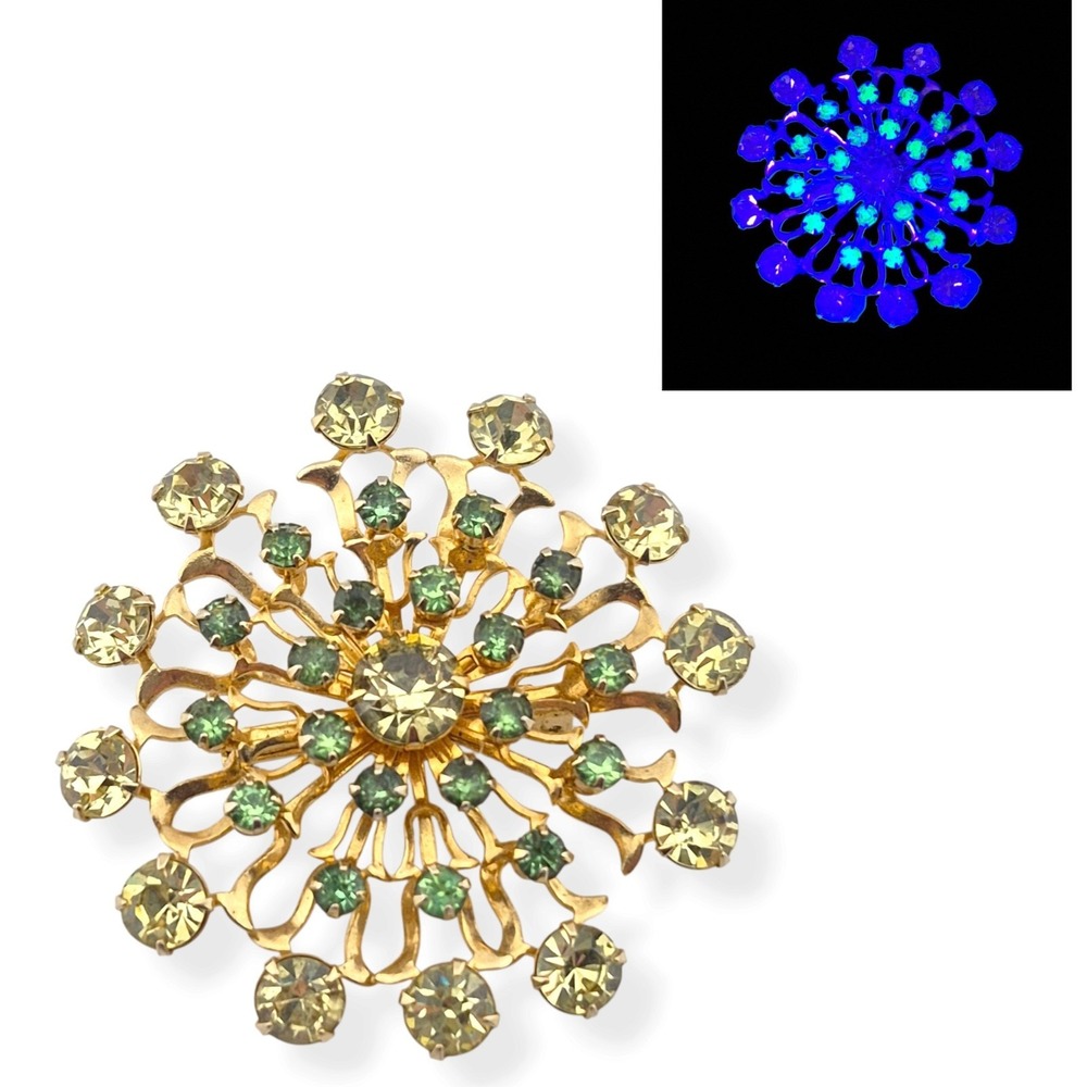 Vintage Uranium Glass Rhinestone Starburst Brooch Pin Glows UV Blacklight 2"